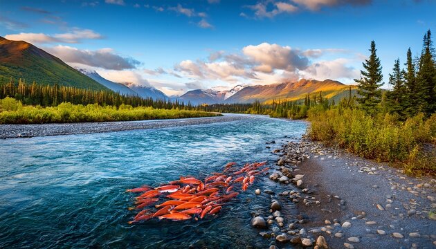 red spawning salmon run journey up river in an alaska river cycle of life stunning scenic world landscape wallpaper background