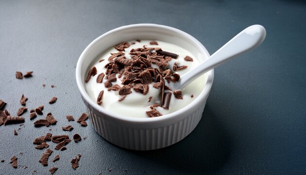 stracciatella yogurt in a small bowl garnished with chocolate shreds and a white spoon