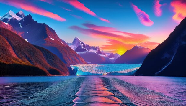 susnet over the inside passage alaska fjords glaciers scenic volcano landscape wallpaper generative ai