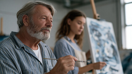 Fototapeta premium Elder man and younger woman side by side painting canvases in a seniors creative program, their works contrasting boldly in style, industrial community center walls behind them,
