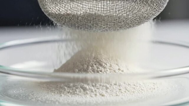 Fine White Powder Being Sifted Through Mesh Strainer Into Clear Glass Bowl For Baking and Culinary Applications