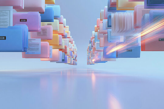 Floating Office Folders and Documents with Motion Light Streaks