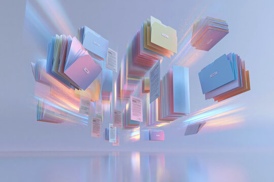 Floating Office Folders and Documents with Motion Light Streaks