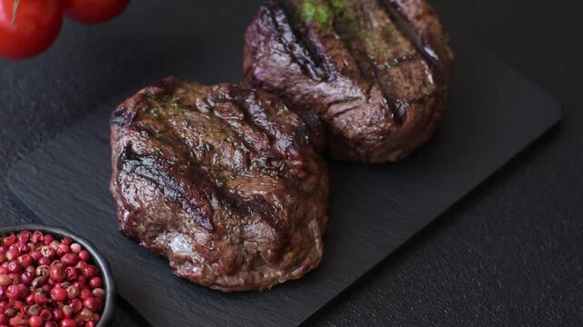 Beef mignon steak, rare, meat grilled with salt and spices. Beef steak as a food background for your design
