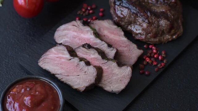 Beef mignon steak, rare, meat grilled with salt and spices. Beef steak as a food background for your design
