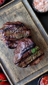 Beef mignon steak, rare, meat grilled with salt and spices. Beef steak as a food background for your design