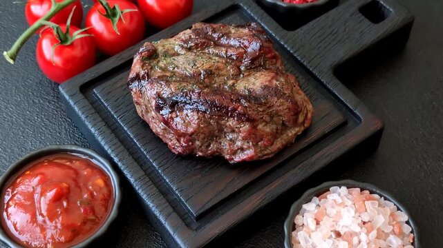 Beef mignon steak, rare, meat grilled with salt and spices. Beef steak as a food background for your design