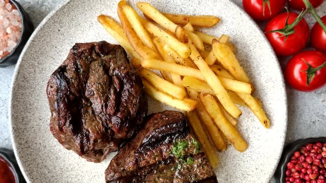 Beef mignon steak, rare, meat grilled with salt and spices. Beef steak as a food background for your design