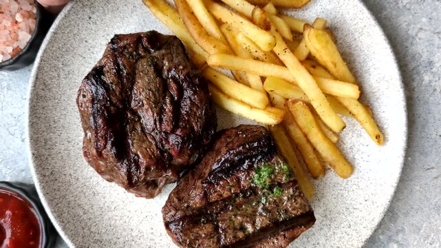 Beef mignon steak, rare, meat grilled with salt and spices. Beef steak as a food background for your design