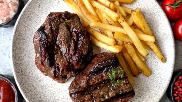 Beef mignon steak, rare, meat grilled with salt and spices. Beef steak as a food background for your design