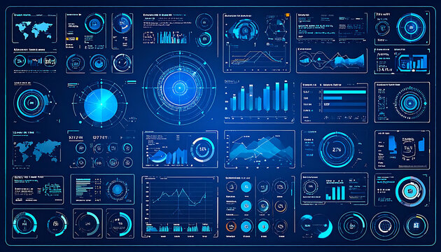 Futuristic digital dashboard with glowing blue elements and data visualization, screens showing charts, graphs, and world maps for technology and analytics