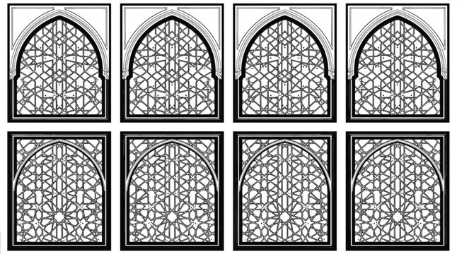 Set of black and white Islamic window frames with intricate geometric patterns for traditional Middle Eastern architectural vector designs
