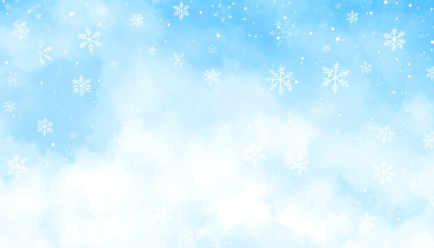gentle falling snowflakes against a soft blue sky and white clouds, winter wonderland background, festive holiday season atmosphere