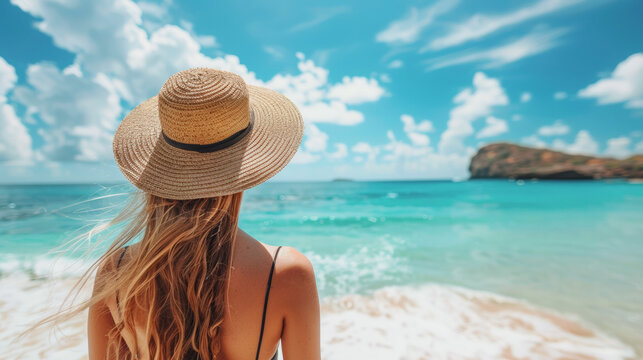 Woman in straw hat looking at tropical beach and ocean, tourism concept
