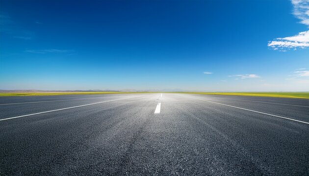 a large empty runway with a clear blue sky above