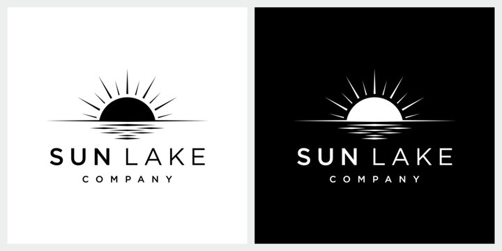 Sunny summer sunlight with lake creek water logo design vector template