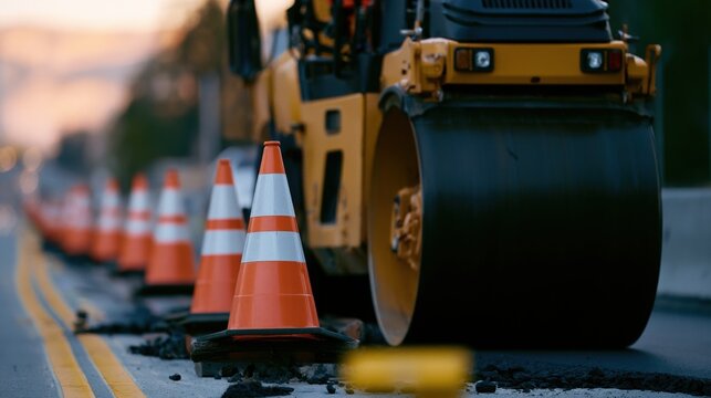 Road construction crew uses a roller machine to pave asphalt on a busy street at sunset