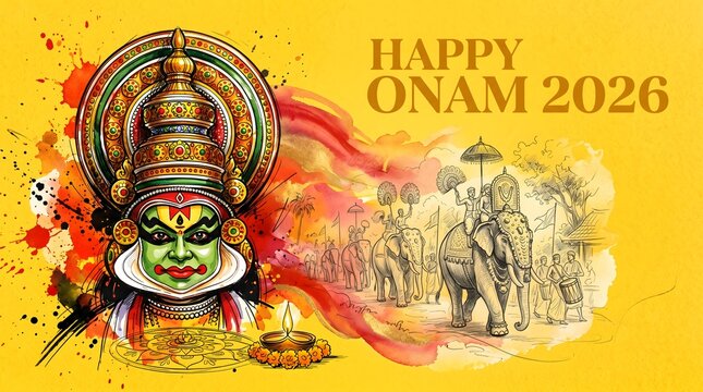 Kathakali dancer face with elephant procession on yellow onam festival banner