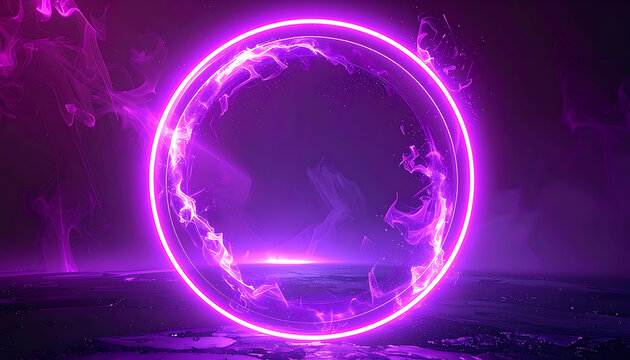 Glowing neon purple ring portal with swirling particles and cosmic dust on a dark reflective surface, futuristic abstract background