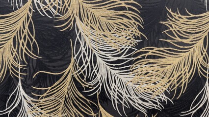 Obraz premium Luxury black wallpaper background with elegant embossed gold and silver feathers seamless texture