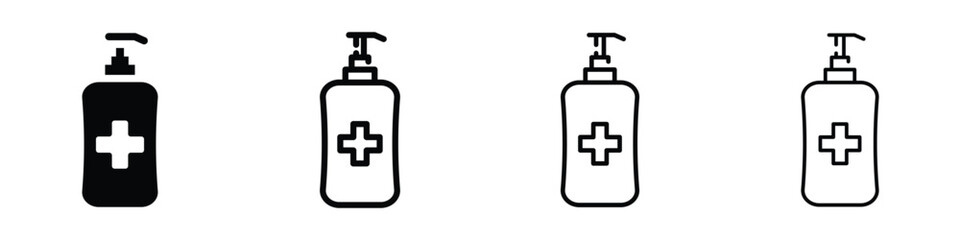 Fototapeta premium Set of hand sanitizer bottle icons with a cross symbol for hygiene and health