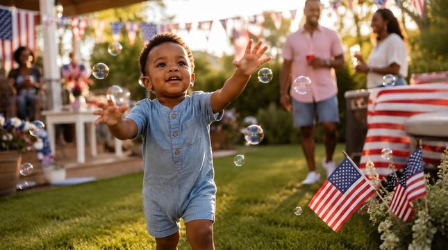 Toddler boy playing with bubbles at a 4th of July backyard party, with American flags, family and red white blue decorations in a sunny summer Independence Day holiday celebration