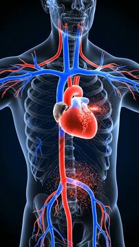 Detailed Anatomical Illustration of Human Heart and Circulatory System with Highlighted Blood Flow in Vivid Red and Blue on Dark Background