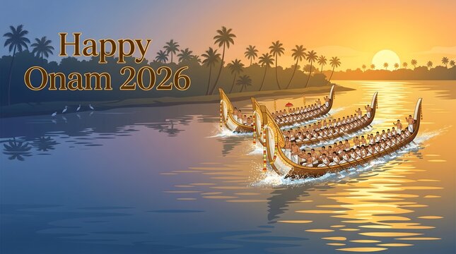 Snake boat race at golden sunset on kerala backwater during onam celebration
