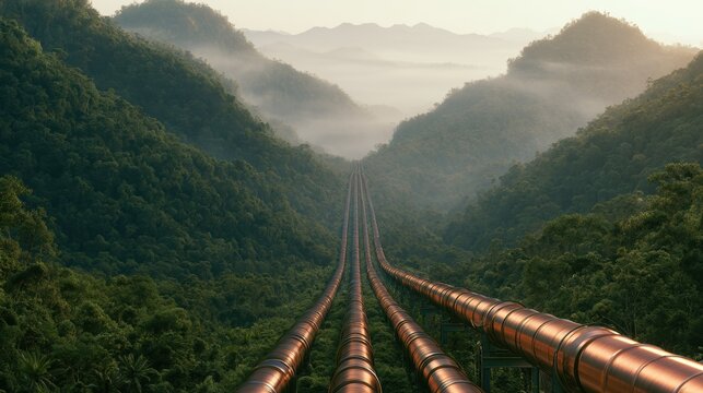Pipe system runs through green hills in a valley during morning light