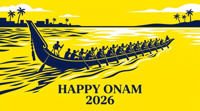 Snake boat race on yellow background during Onam festival with rowing crew