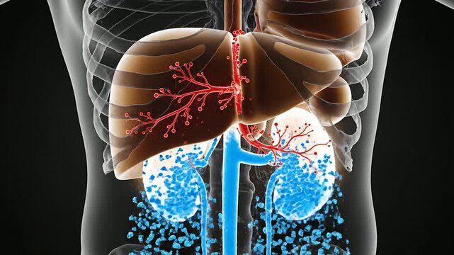 Detailed Anatomical Illustration of Human Liver and Kidneys with Vascular System for Medical and Health Education Visualizations