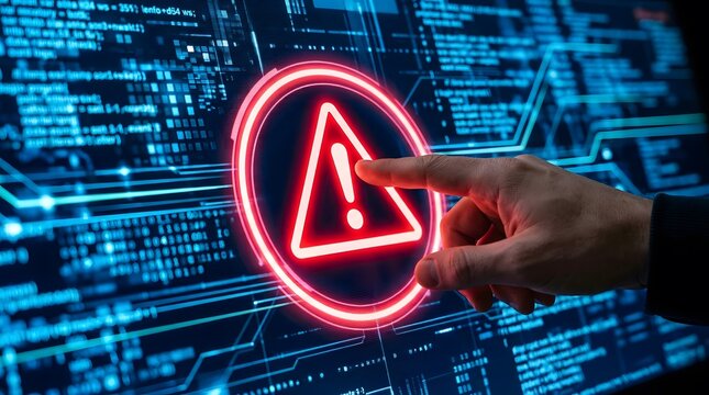 A hand pressing a red warning button on a futuristic digital interface with code background