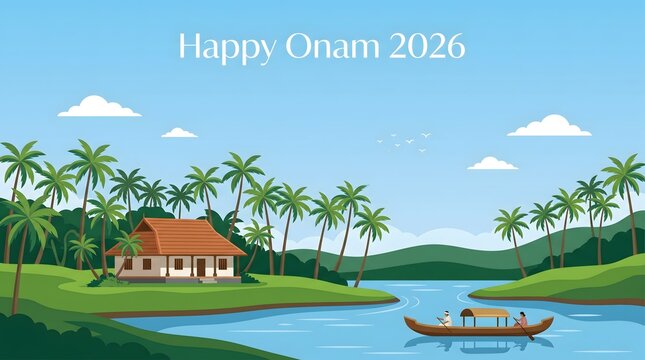 Kerala backwater landscape with traditional house coconut tree and boat during Onam festival