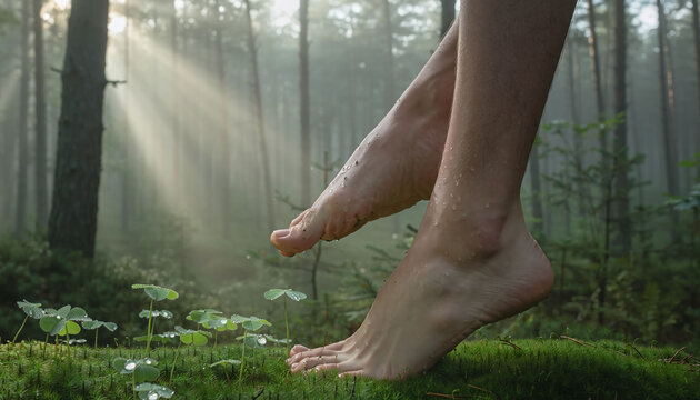 Cinematic closeup of bare feet stepping on dewy green moss in a misty morning forest with sun rays. Metaphorical image representing wellness, earthing, grounding, and harmony.