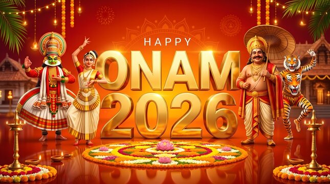 Kathakali dancer and classical performer with king Mahabali and tiger in festive scene