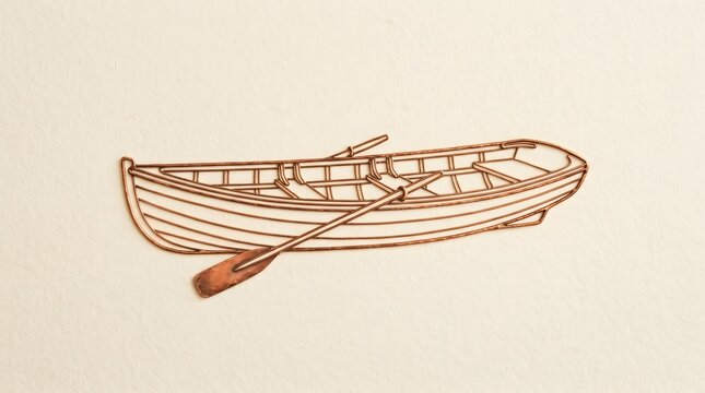 Copper wire art sculpture of wooden boat with oar on light beige background