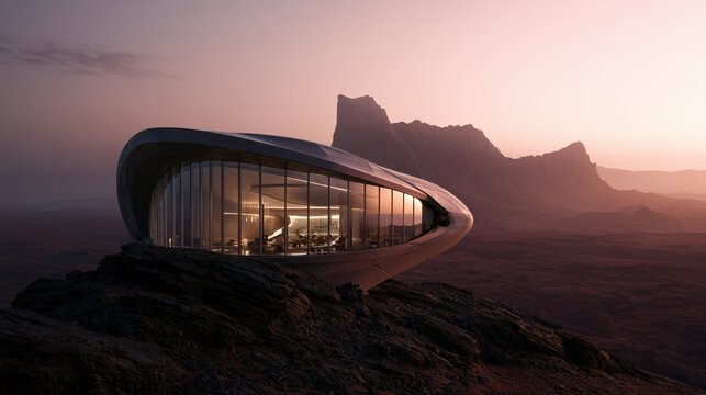 Modern building sits on a rocky outcrop against a mountain backdrop during sunset in a desert location