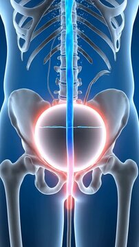 Detailed Anatomical Illustration Of Human Pelvis Highlighting Urinary System Functionality In 3D Render With Blue Effects For Medical Education