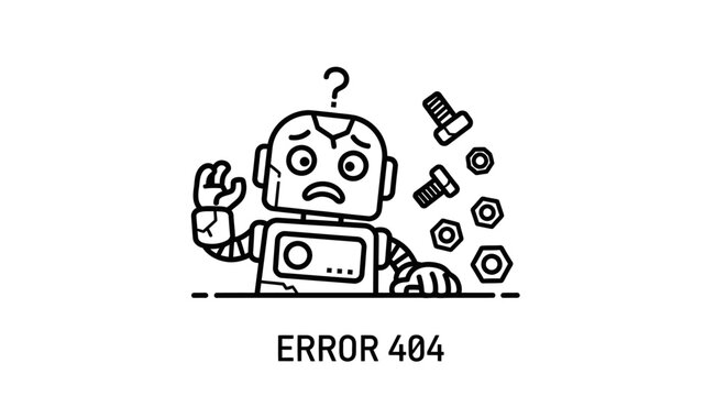 Robot displays error 404 with question mark and tools nearby