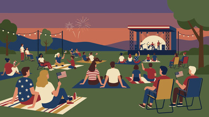 Fototapeta premium People enjoying outdoor concert and fireworks celebration on a summer evening