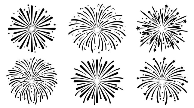 Collection of six stylized black and white fireworks bursts on a white background