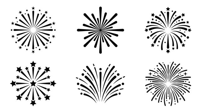 Collection of six black and white fireworks icons and symbols for celebration and party