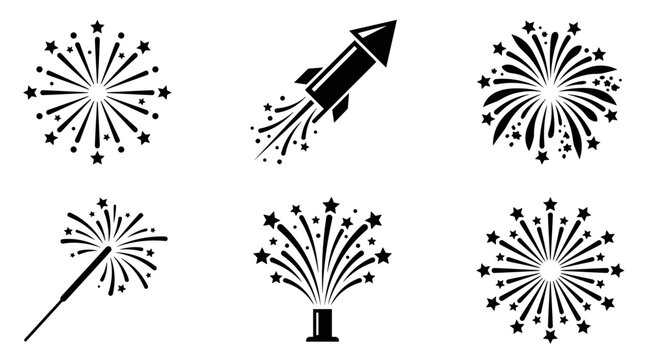 Collection of black and white firework icons and illustrations for celebrations
