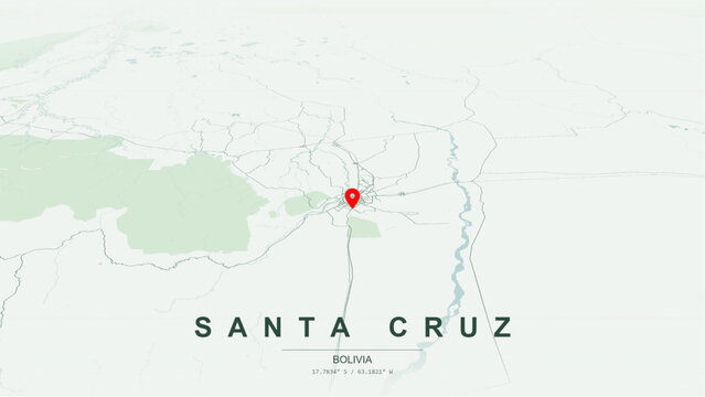 Minimalist vector map of Santa Cruz de la Sierra, Bolivia. High-quality scalable illustration of Santa Cruz city grid, concentric rings (anillos) infrastructure, Rio Pirai river for poster and design.
