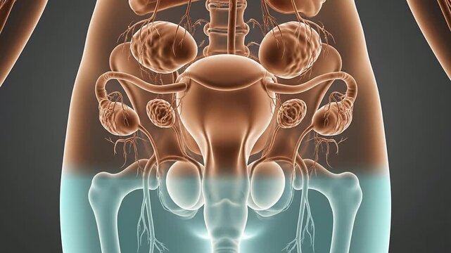 Detailed Anatomical Illustration of the Female Reproductive System with Glowing Uterus and Ovaries in Dark Background