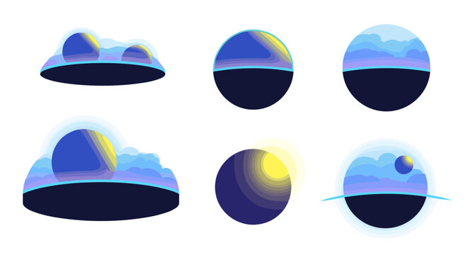 Abstract futuristic landscapes with glowing orbs and celestial bodies