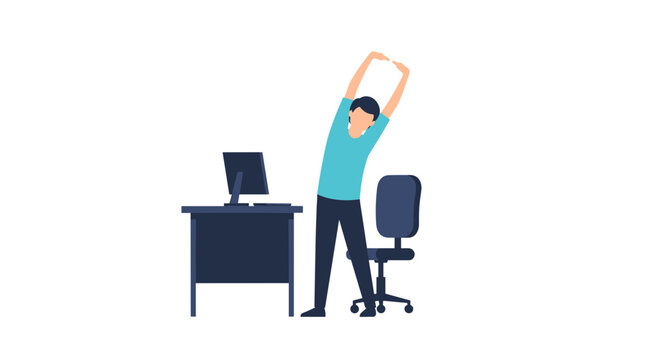 Man stretching at office desk with computer and chair healthy lifestyle concept