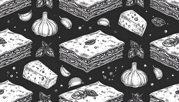 Hand drawn seamless pattern of baklava pieces and mint leaves, intricate dessert illustration with dotted texture, food background