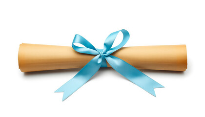 Fototapeta premium Blue ribbon tied around rolled kraft paper on white background minimal elegant