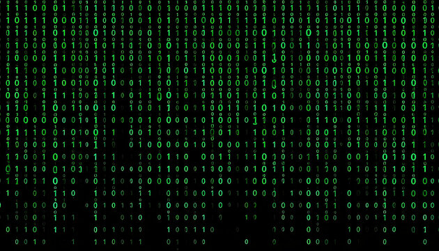 Green digital rain of binary code on a black background, abstract technology and data flow, futuristic concept